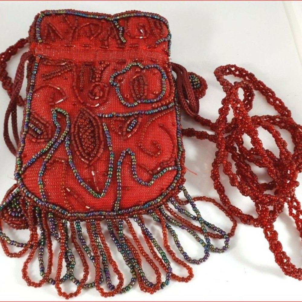 Hand Crafted Red Ornate Beaded Satin Crossbody Pouch Satchel with Beaded Chain